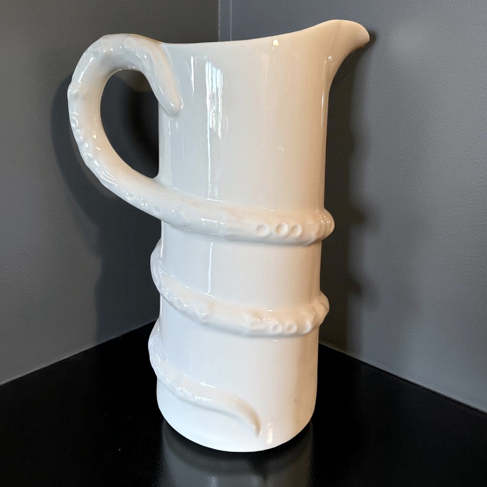 Coco + Lola EUC Pretty White Ceramic Pitcher with Snake Handle 9.5” Height